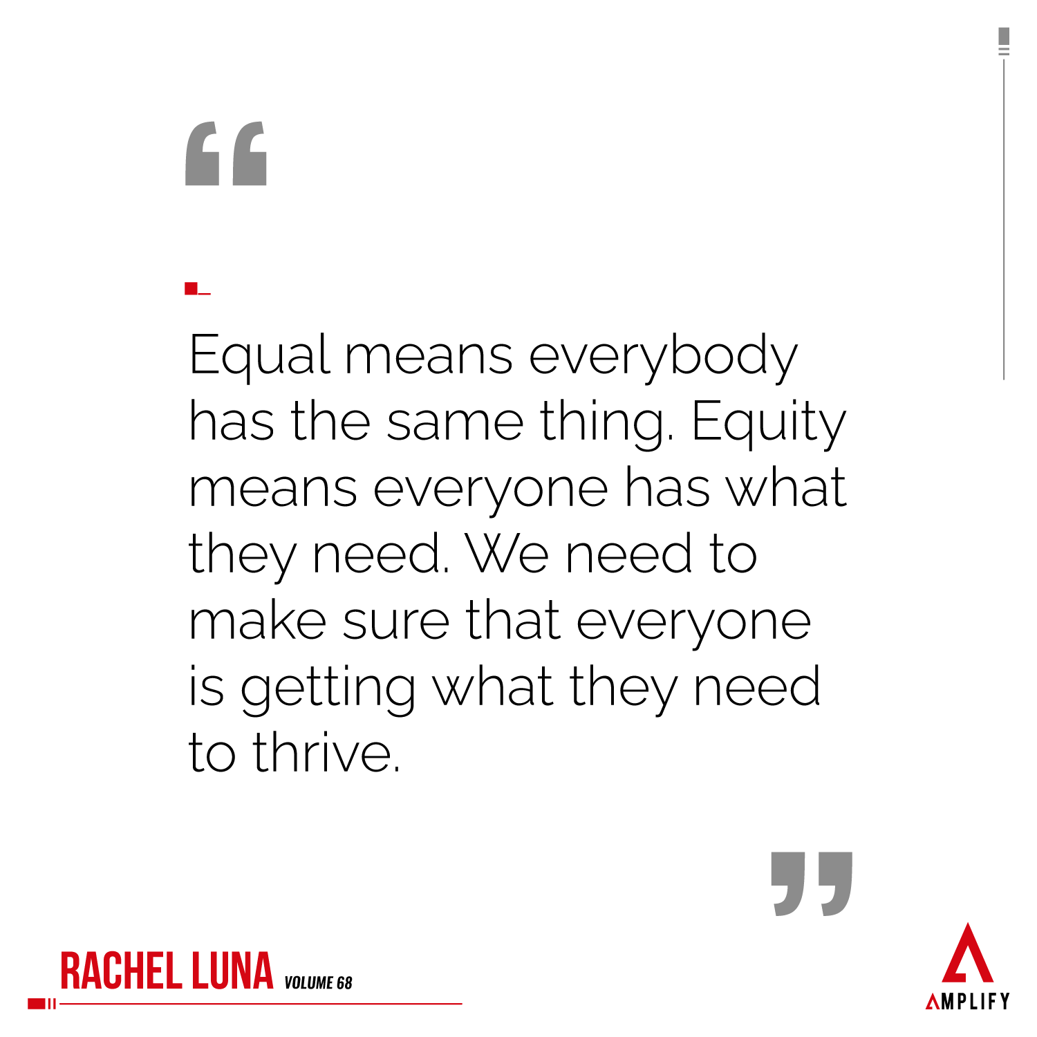 decorative image containing the quote: Equal means everybody has the same thing. Equity means everyone has what they need. We need to make sure that everyone is getting what they need to thrive.